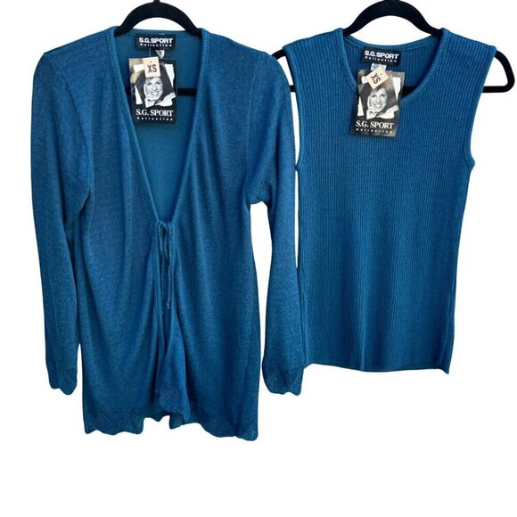Susan Graver SG Sport Womens Blue Knit Cardigan Sleeveless Knit Sweater Set New - Picture 1 of 11